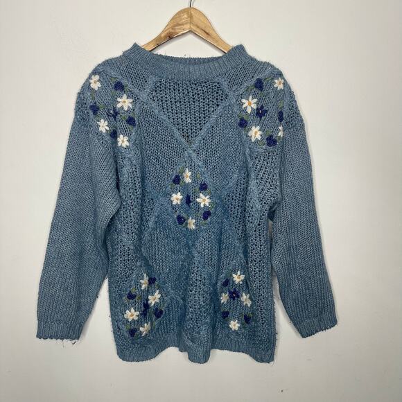 vtg 80's 90's NEEDLES & YARN floral embroidered chunky knit sweater blue size M - Picture 3 of 8